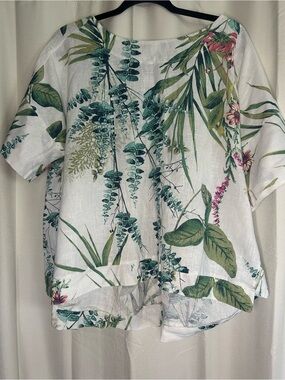 Camille & Co White Green Linen‎ Coastal Beach Top Blouse Lagenlook Oversized